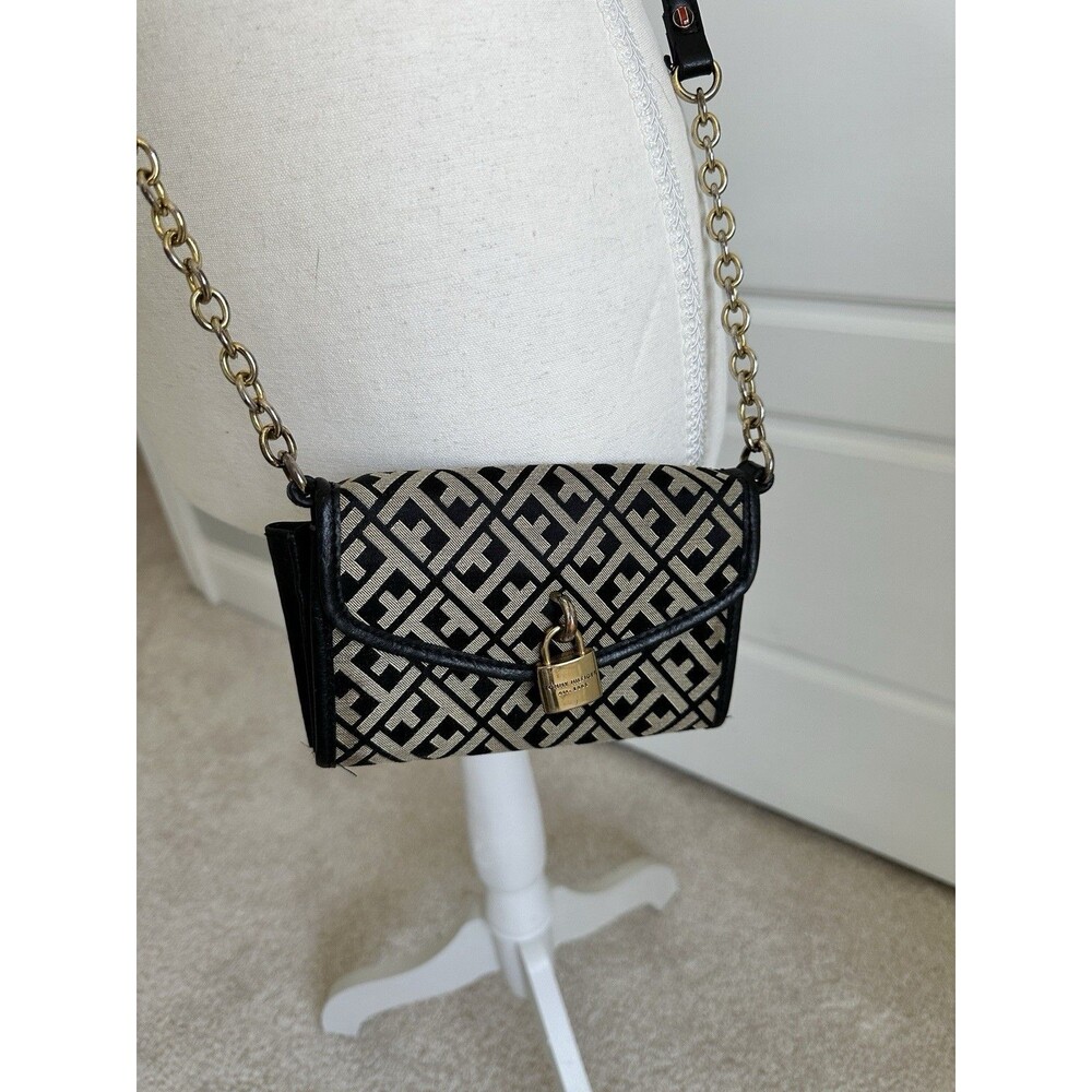 Tommy Hilfiger Monogram Crossbody Bag Gold Padlock Hardware Y2K Black Jacquard